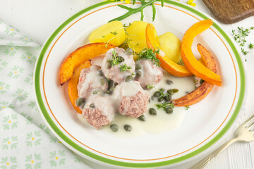 Meatballs in sauce with capers and with fried pumpkin series Image 03