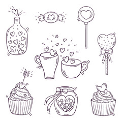Set of black and white elements for st. Valentines day in doodle style