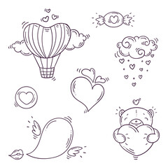 Set of black and white elements for st. Valentines day in doodle style