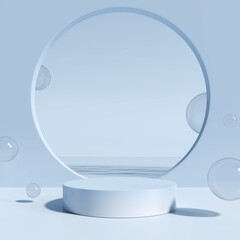 Cosmetic product stand. sphere shape glass on bright blue background. 3D rendering