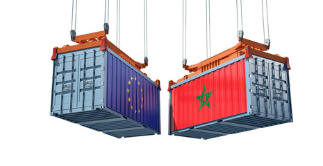Freight containers with European Union and Morocco flag. 3D Rendering 