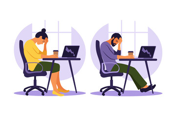 Fototapeta na wymiar Professional burnout syndrome. Illustration tired office worker sitting at the table. Frustrated worker, mental health problems. Vector illustration in flat.