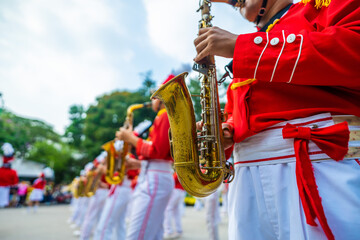 marching band playing musicians, instruments in Tet holidays in Vietnam