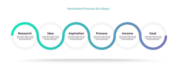 Business infographics. Process with 6 steps, options, circles. Vector template.