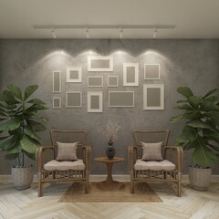 armchair in grey room with picture frame , 3d rendering