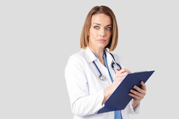 Middle aged female doctor portrait at isolated white background