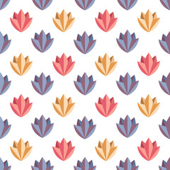 Vector seamless pattern with pink, golden and lilac geometric flowers on white background. Abstract flowers in crystal form for any kind of decoration and surface