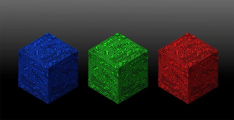 Set of isometric electronic cubes isolated on gray background.