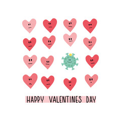 A lot of hearts and coronavirus. Happy Valentines day. Cute and joky banner, postcard. Funny vector illustration for conglaturation with 14 February.