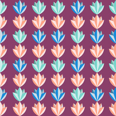 Vector seamless pattern with abstract geometric crystal-like flowers in turquoise, blue and pink colors on dark purple background. Bright and simple design for fabrics, paper and other surfaces. 
