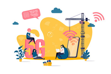 5g Internet concept in flat style. Young people working on laptop scene. Mobile telecommunication system, 5G generation technology standard web banner. Vector illustration with people characters.