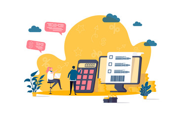 Accountant concept in flat style. Financial balance calculation scene. Business accounting and audit, annual statement and taxes banner. Vector illustration with people characters in work situation.