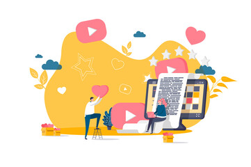 Blogging concept in flat style. Bloggers creating quality content for social media scene. Network communication, internet posting banner. Vector illustration with people characters in work situation.
