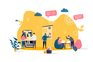 Coworking concept in flat style. Team members together work in coworking space scene. Workspace for teamwork and communication web banner. Vector illustration with people characters in work situation.