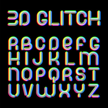 3d Glitch effect font. Latin letters from A to Z. Trending 2021 typerface design. For music events, banner, flyer, cover design.