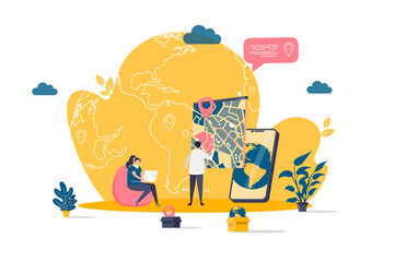 GPS navigation concept in flat style. Man uses GPS navigator scene. Navigate mapping technology, cartography and geolocation system banner. Vector illustration with people characters in work situation
