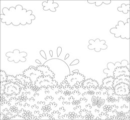 Obraz premium Sun setting over a pretty field with wildflowers and a flittering butterfly on a beautiful warm evening, black and white outline vector cartoon illustration for a coloring book page