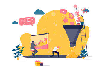 Marketing funnel concept in flat style. Marketers processing data scene. Marketing research, strategy planning, attraction new customers. Vector illustration with people characters in work situation.