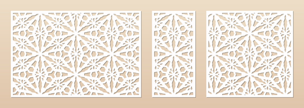 Laser cut pattern set. Vector design with elegant geometric ornament, abstract floral grid, mesh. Template for cnc cutting, decorative panels of wood, metal, paper, plastic. Aspect ratio 3:2, 1:2, 1:2