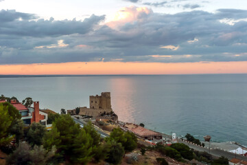 Aerial view of Roseto Capo Spulico during a beautiful sunset over the sea
