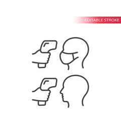 Forehead or infrared thermometer with human head. Temperature measuring thin line vector icon, editable stroke.