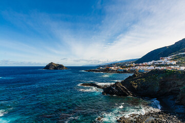 Aerial view of Garachico village on the coast of Atlantic ocean in Tenerife island of Spain