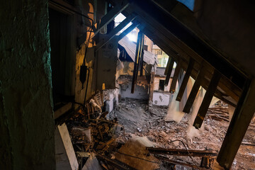 Ruined factory interior. Consequences of disaster, war or demolition