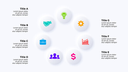 Neumorphic Vector Infographic. Cycle diagram. 7 circle options. Presentation slide template. Neumorphism design. 