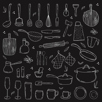 Hand drawn collection of kitchen utensils and tableware. Line art on a chalkboard background. Doodle Cooking equipment set.