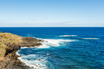 Aerial view of Garachico village on the coast of Atlantic ocean in Tenerife island of Spain