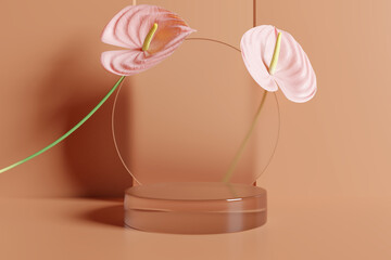 Podium product stand, Cosmetic display stand with anthurium flower on brown background. 3D rendering