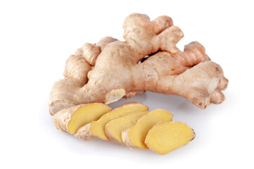 Fresh sliced ginger root on a white background.