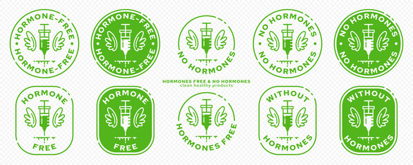 Fototapeta na wymiar Conceptual stamps for product packaging. Labeling - Hormone Free. A syringe with wings - a symbol of hormone-free. Vector grouped elements.