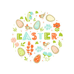 Easter greeting card with eggs, hen, flowers, leaves