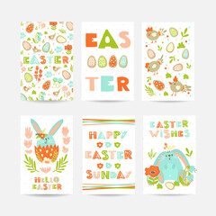 Set of six Easter cards with cookie eggs, flowers, rabbits, basket and lettering