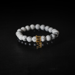 white pearl and black stones couple bracelets with crowns