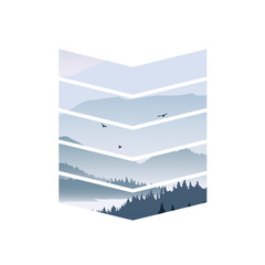 Grey and rainy weather in the mountains.Early morning, sunrise.Typography for abstract printing T-shirts, vector illustration.