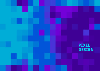 Horizontal bright blue abstract background with pixel graphic elements and place for text. Vector illustration.