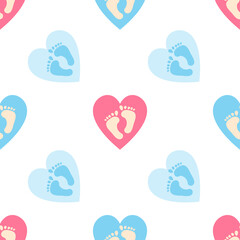 Blue and pink babies symbol icon seamless pattern. Heart with feets baby. Vector