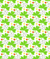 Clover seamless pattern. Tree leaves traditional symbol of good luck, fortune. St.Patrick s spring irish culture celebration. Cute illustration with shapes of star, hearts