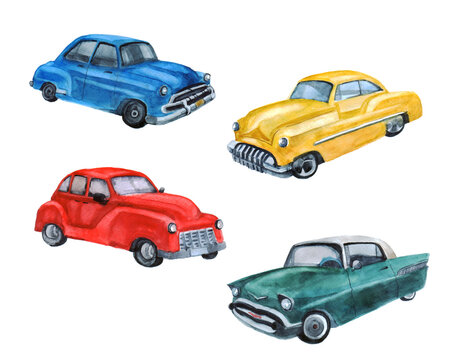 Watercolor illustration with beautiful retro cars on a white background. Illusion for your design