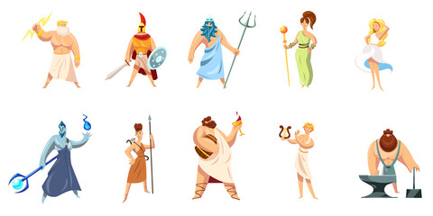 Greek mythology characters collection. Athena, Hephaestus, Ares, Poseidon, Zeus, Dionysus, Hephaestus, Aphrodite, Apollo. Vector illustration for ancient gods, Greece, religious culture concept © Bro Vector