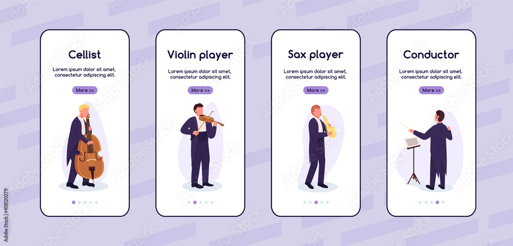 Poster street musicians onboarding mobile app screen flat vector template. different musical instruments. w