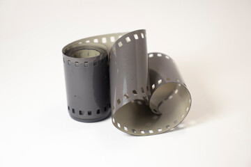 old photographic film on white isolated background with copy space