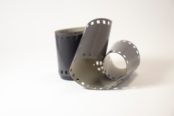 old photographic film on white isolated background with copy space