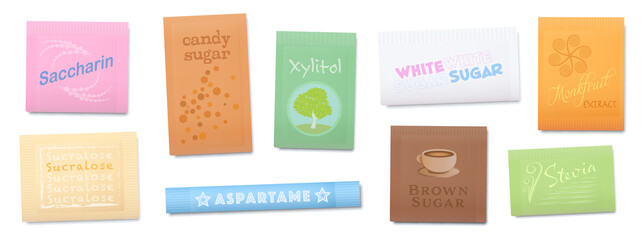 Natural or artificial sweetener, sugar substitutes with less or non calories. Saccharin, Xylitol, Sucralose, Stevia and other food additives, that enhances original food flavors. Vector on white.
