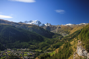 Naklejka na ściany i meble Zermatt in the swiss alps wallis with trees forest wood sunlight matterhorn view path