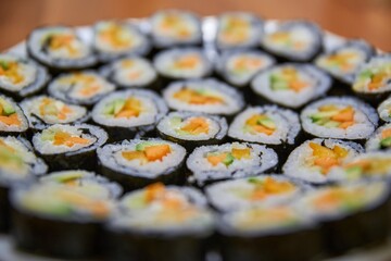 Close up of a plate with sushi rolls. Selfmade maki sushi on a plate.