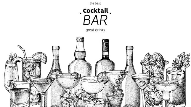 Alcoholic cocktails sketch. Hand drawn vector illustration. Hand drawn drinks illustration. Cocktails set. Menu design elements.
