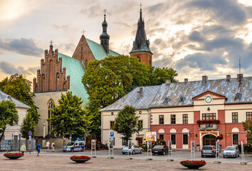 Panoramic view of Olkusz market square with St. Andrew Basilica in Beskidy mountain region of Lesser Poland